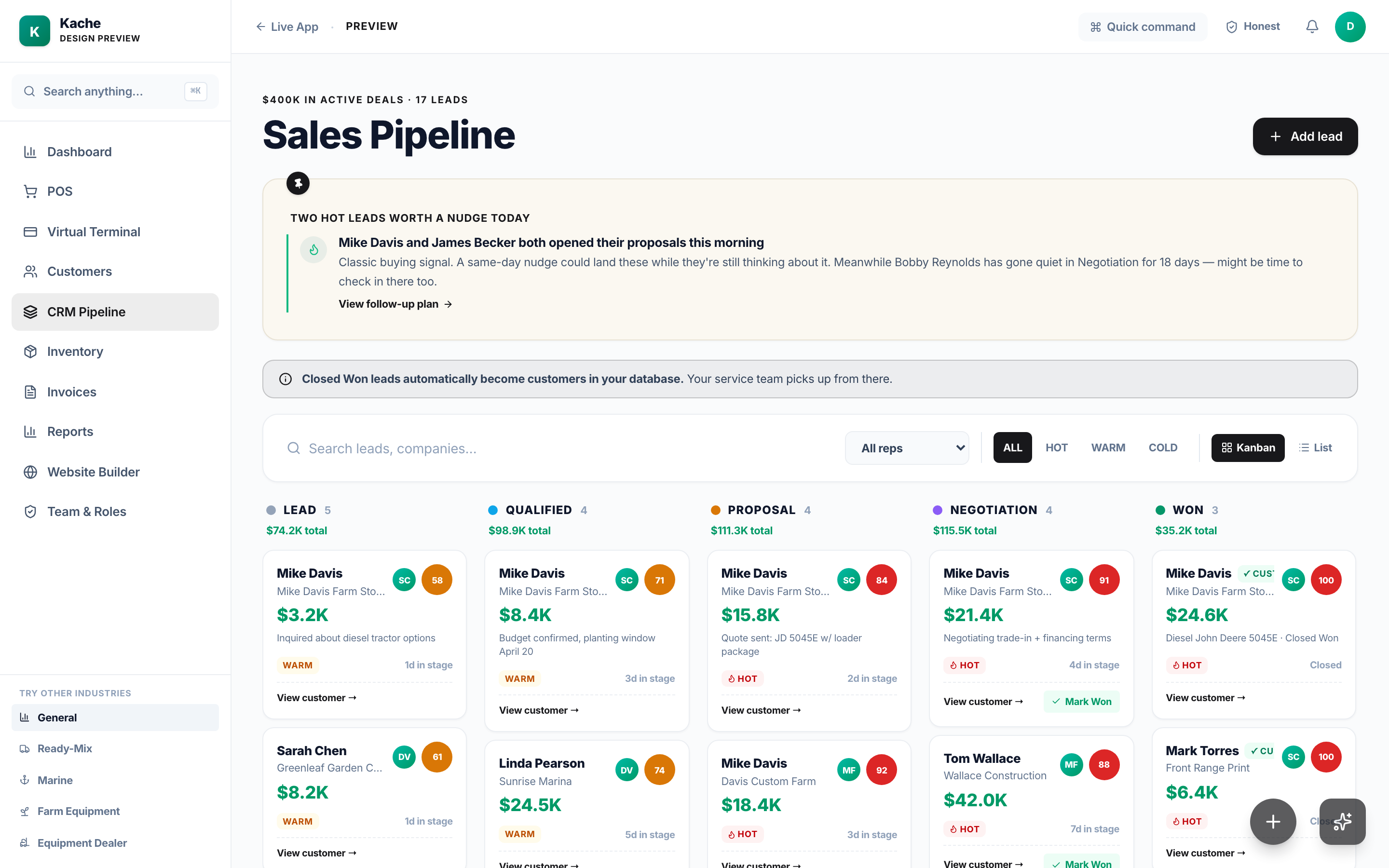 Kache CRM sales pipeline