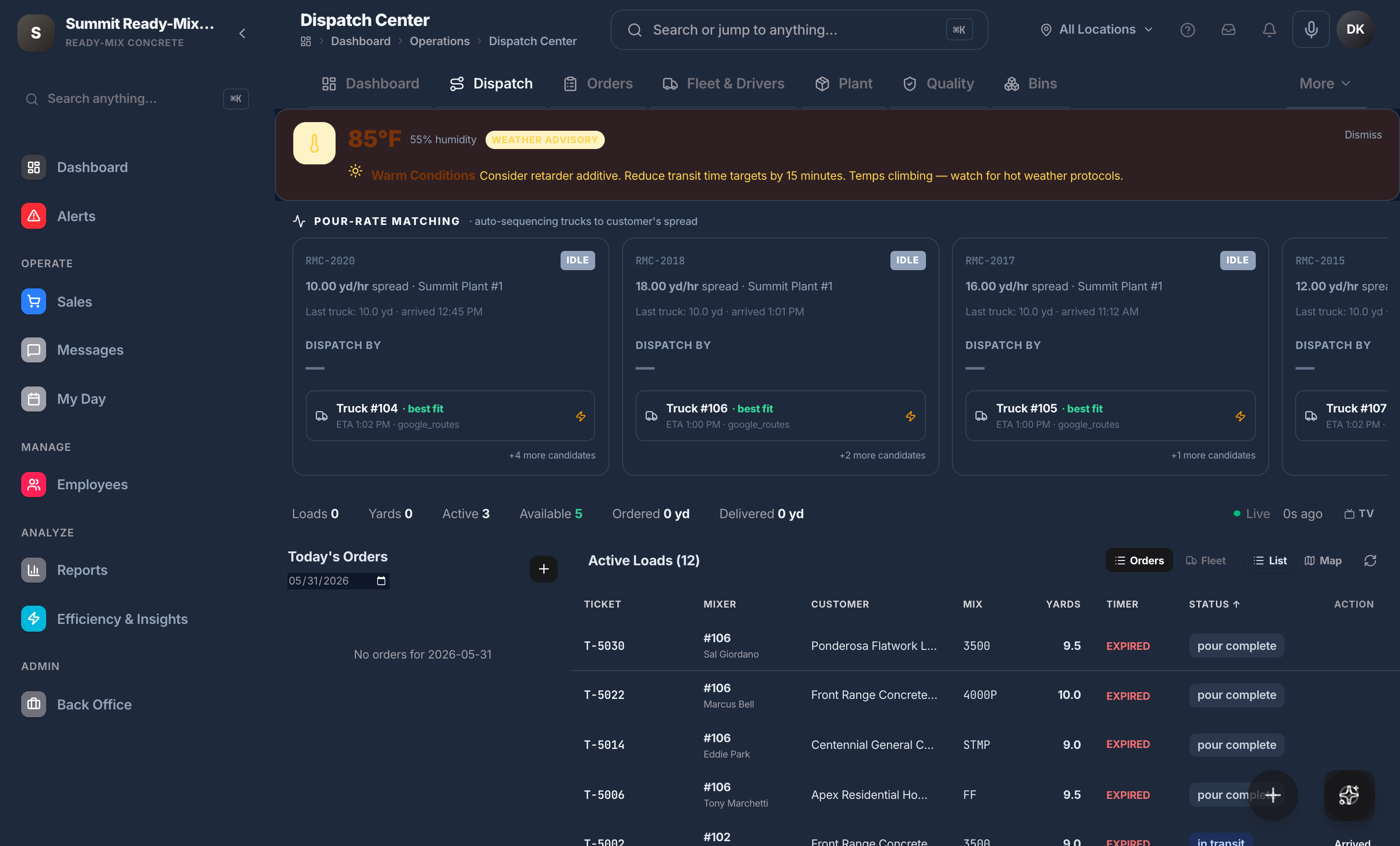 Kache dispatch board in dark mode